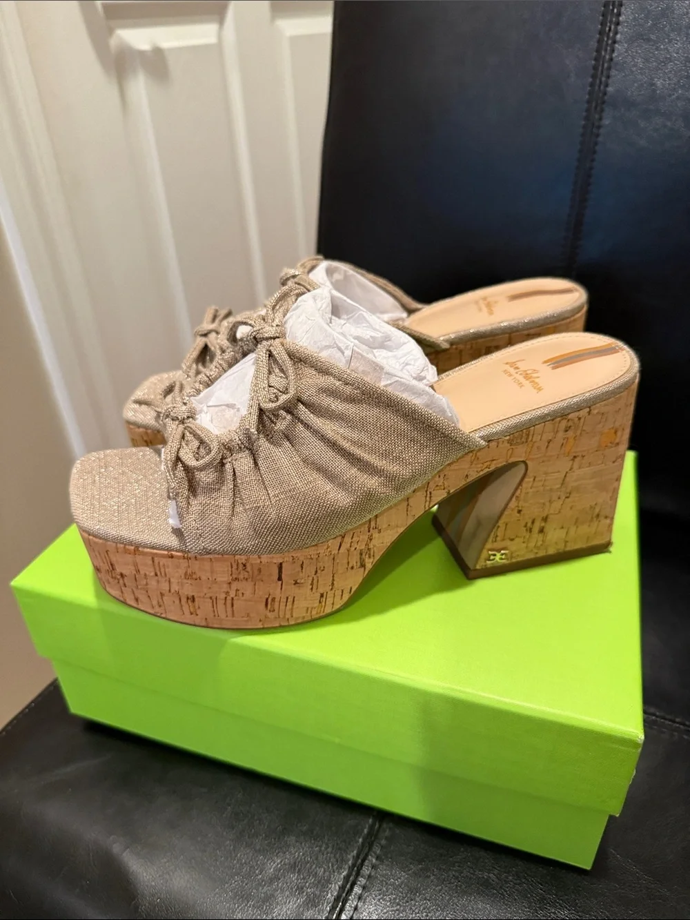 Sam Edelman Natural Beige Ruched Platform Mules with Cork Heel 8.5